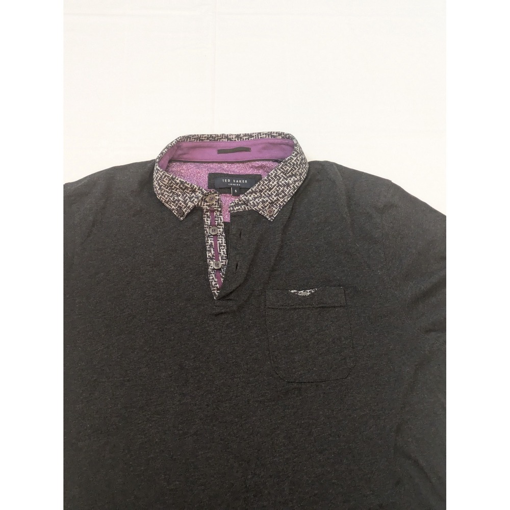 Ted Baker London Men's Charcoal Gray Polo Shirt Size 5 with Patterned Collar‎